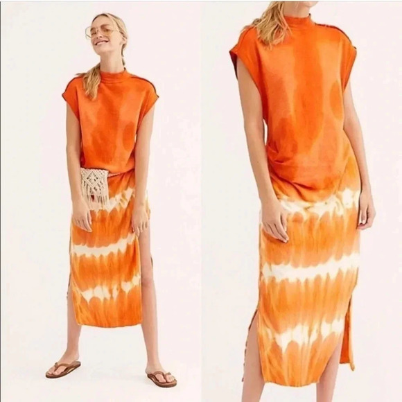 Free People Tie Dye Maxi Side Knot Bohemian Kaftan Cotton sleeveless Dress Rare - Picture 1 of 9